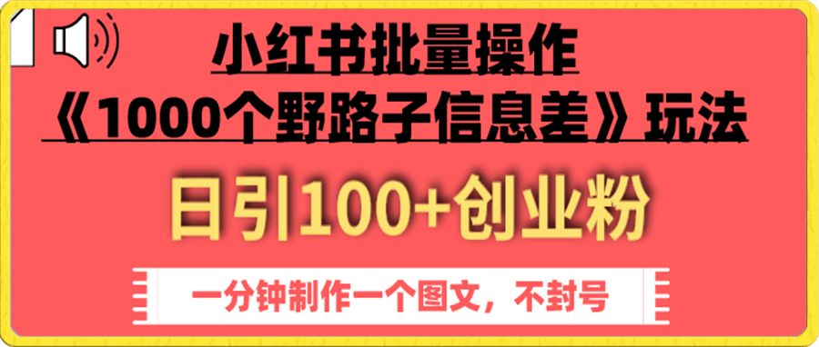 小红书批量操作《1000个野路子信息差》玩法 日引100+创业粉