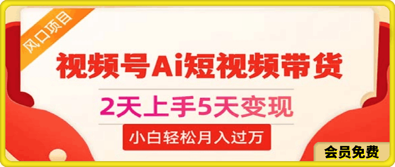 2天上手,5天变现,视频号Ai短视频带货,0粉丝0基础,小白轻松月入过万