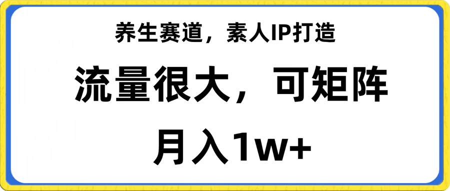 养生赛道，素人IP打造，流量很大，可矩阵，月入1w+
