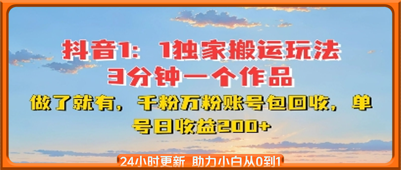 DY独家1：1搬运玩法，3分钟搞定一个作品，千粉万粉账号包回收，单号日收益2张【揭秘】