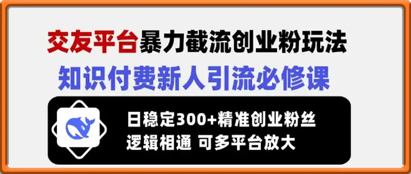 交友平台暴力截流创业粉玩法，知识付费新人引流必修课，日稳定300+精准创业粉丝，逻辑相通可多平台放大