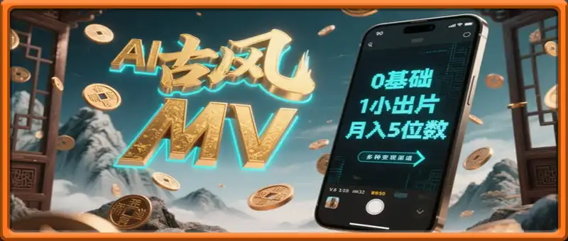 AI一键生成古风音乐MV，0剪辑基础1小时出片，多种变现渠道，一部手机月入5位数
