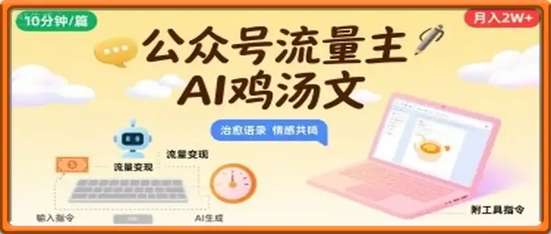 公众号流量主，用AI写鸡汤文，10分钟一篇，最高月入2W【附工具指令】