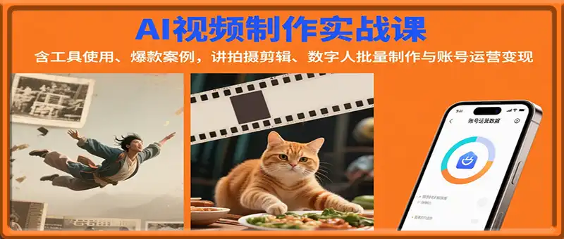AI视频制作实战：含工具使用、爆款案例，讲拍摄剪辑、数字人批量制作与账号运营变现