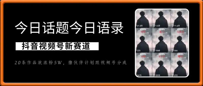 抖音视频号新赛道今日话题今日语录，撸伙伴计划跟视频号分成