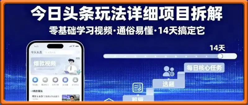今日头条玩法详细项目拆解，零基础学习视频 通俗易懂 14天搞定它