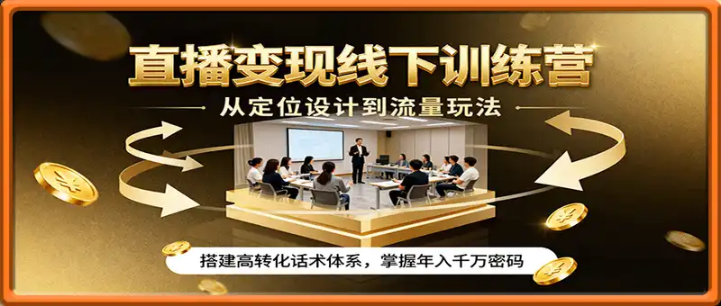 直播变现线下训练营，从定位设计到流量玩法，搭建高转化话术体系，掌握年入千万密码